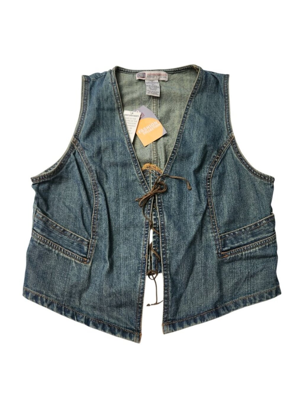 Vintage Y2K Faded Glory Lace Up Denim Vest Leather Ties With Pockets Size 16